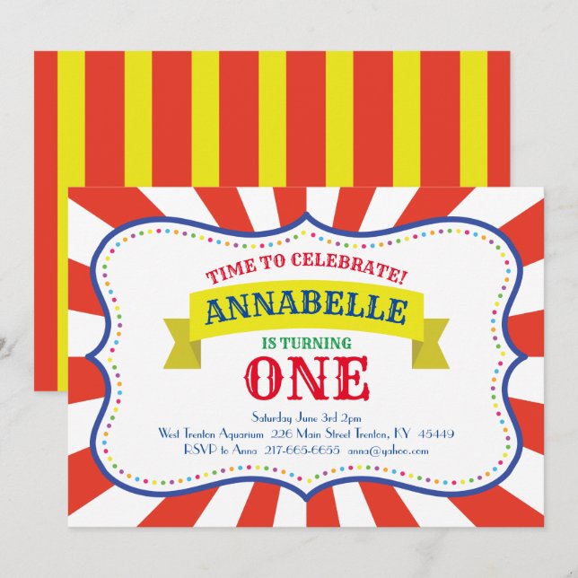 Circus Cute 1st Birthday Invitations (Front/Back)