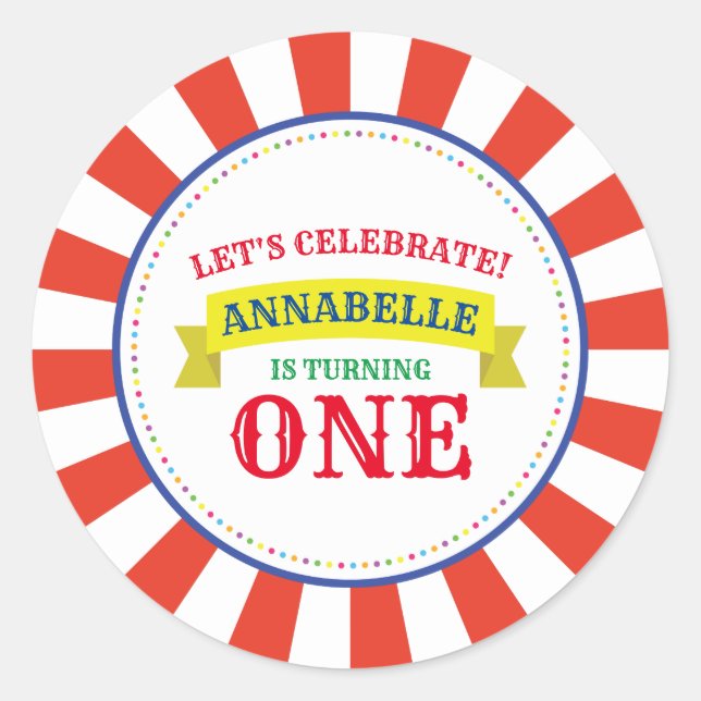 Circus Cute Colourful 1st Birthday Party Theme Classic Round Sticker (Front)