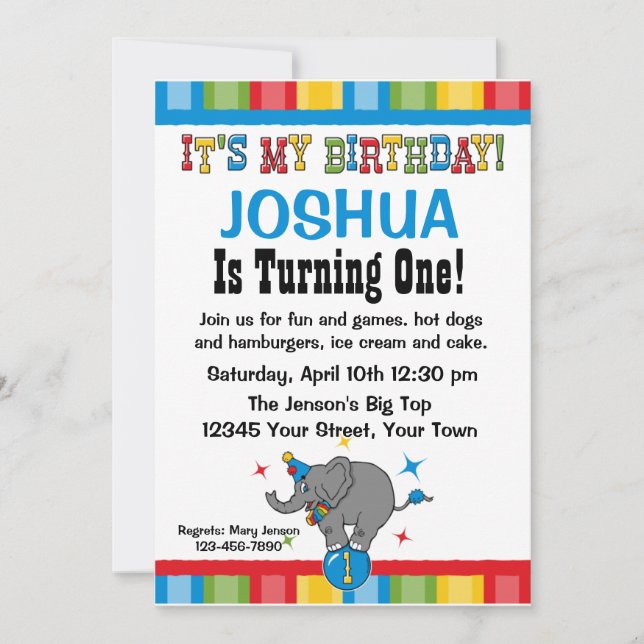 Circus Elephant 1st Birthday Custom Invitations (Front)