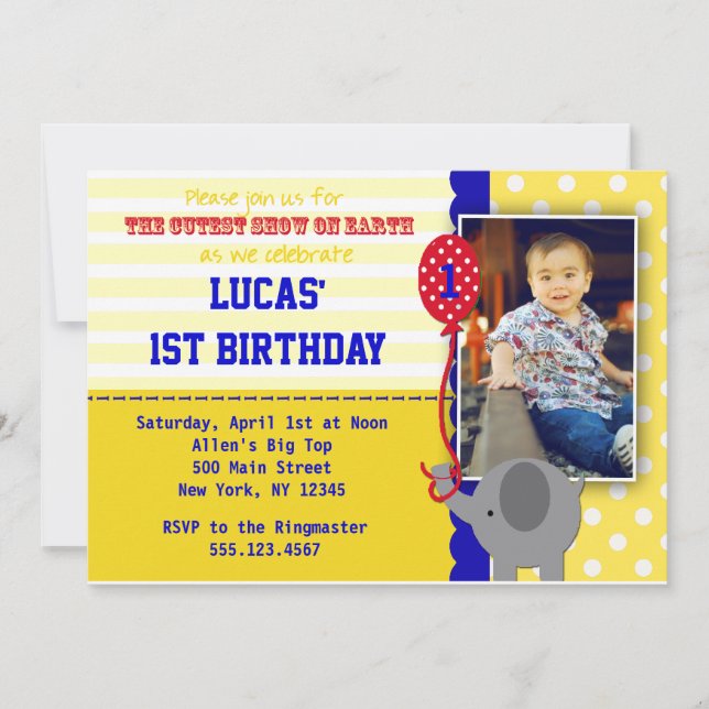Circus Elephant Big Top Birthday Invitations Boy (Front)