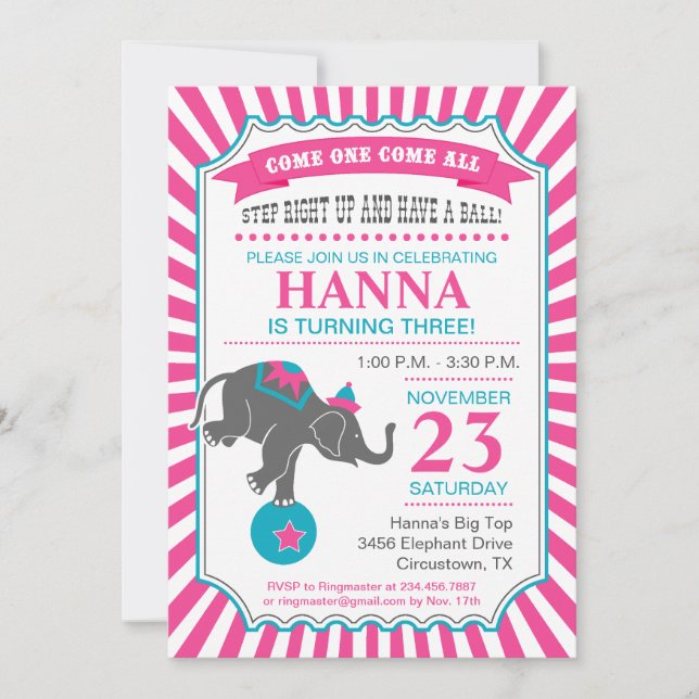Circus Elephant Birthday Party Invitation (Front)
