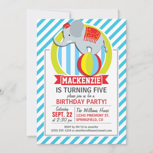 Circus Elephant on Ball; Baby Blue & White Stripes Invitation (Front)