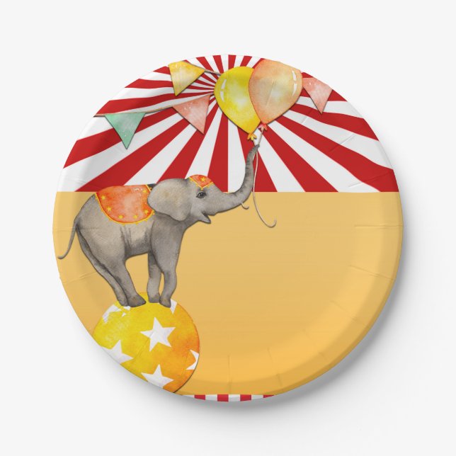 Circus Elephant on Ball Carnival Baby Shower Party Paper Plate (Front)