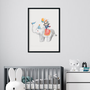 Circus Elephant Panda Bear Baloons Funny Kids Room Poster