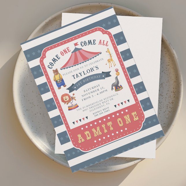 Circus Festival Carnival 1st Birthday Party Invitation (1st Birthday Circus Carnival Party Invitation)