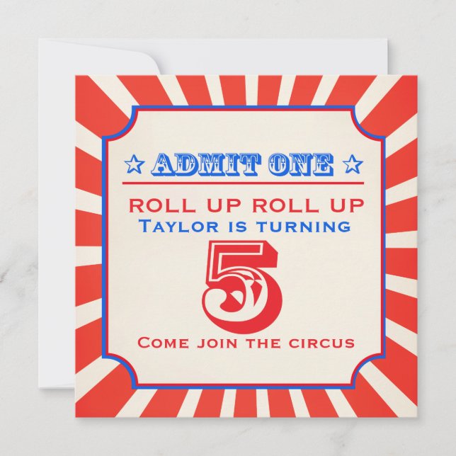 Circus fun fair 5th birthday invitation (Front)