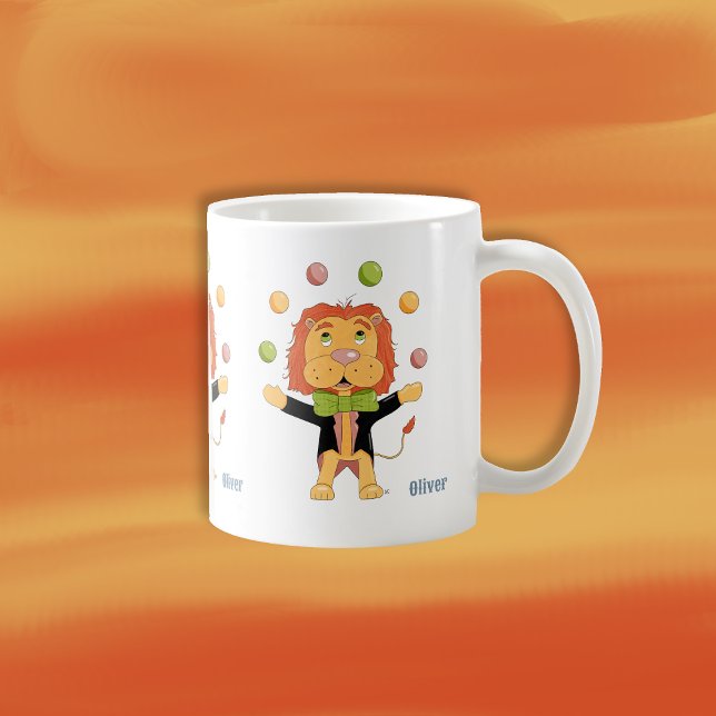 Circus Juggler Lion Kid Mug with Name (Fun personalized mug for (12oz) kids with a juggler lion .)