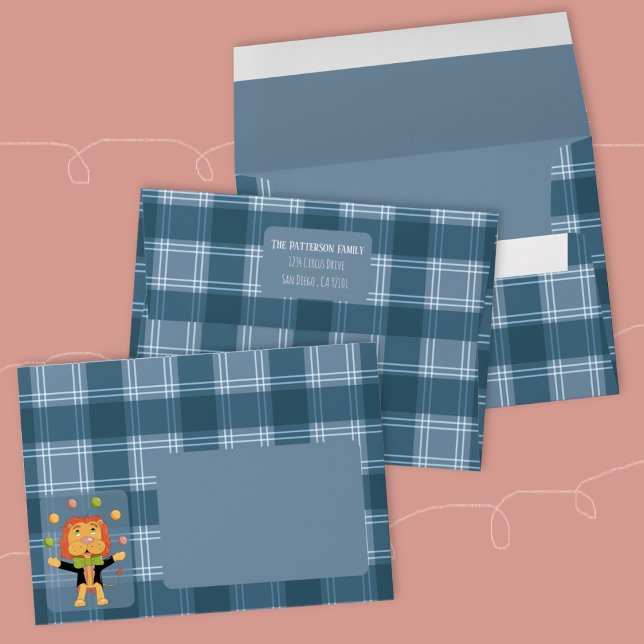 Circus Lion Blue Tartan Envelope (Fun blue Tartan pattern envelope with a juggling lion .)