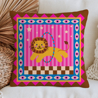Circus Lion Checkered& Striped Bold Maximalist  Cushion