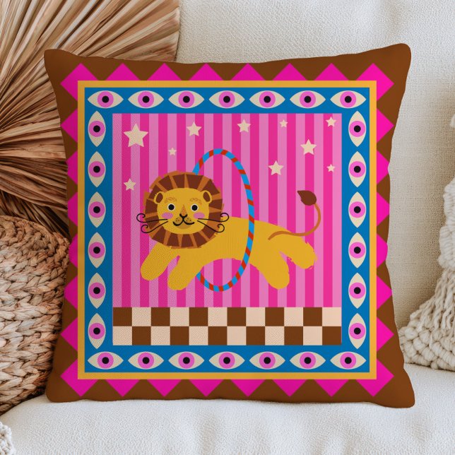 Circus Lion Chequered& Striped Bold Maximalist  Cushion (Creator Uploaded)