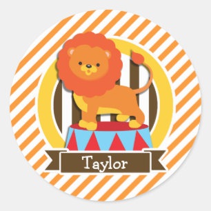 Circus Lion; Orange & White Stripes Classic Round Sticker
