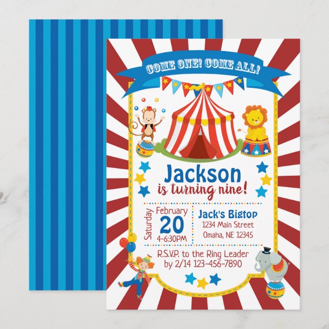 Circus Party Invitation - Circus Birthday Invite (Front/Back)