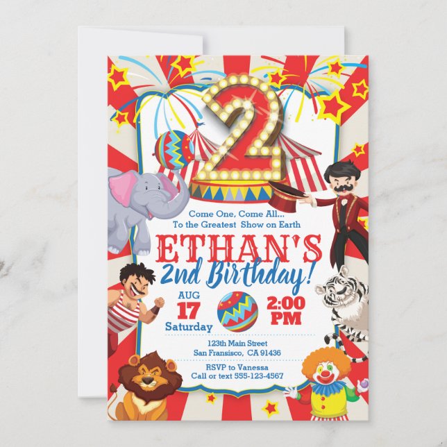 Circus Party Invitation for 2nd Birthday (Front)