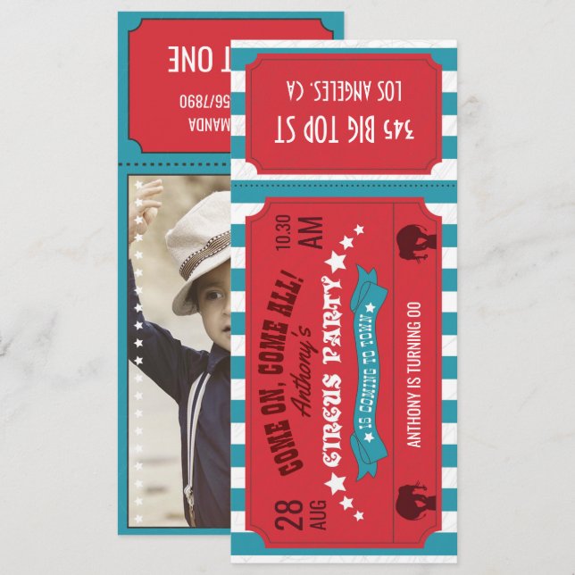 Circus Party Ticket Kids Birthday Party add photo Invitation (Front/Back)