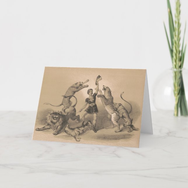 Circus Performer Standing Among Vicious Animals Card (Front)