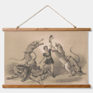 Circus Performer Standing Among Vicious Animals Hanging Tapestry