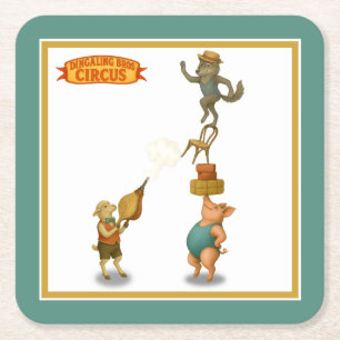Circus pig, wolf & sheep act square paper coaster