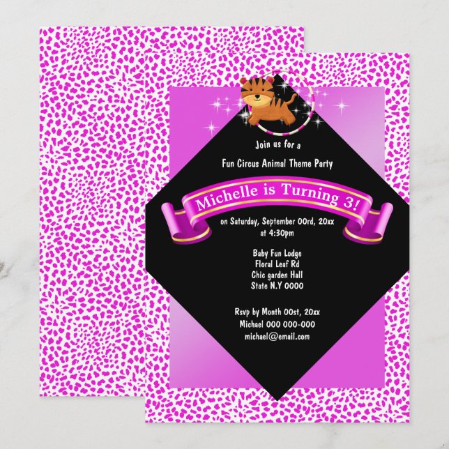 Circus pink baby tiger jumping through hoop print invitation (Front/Back)