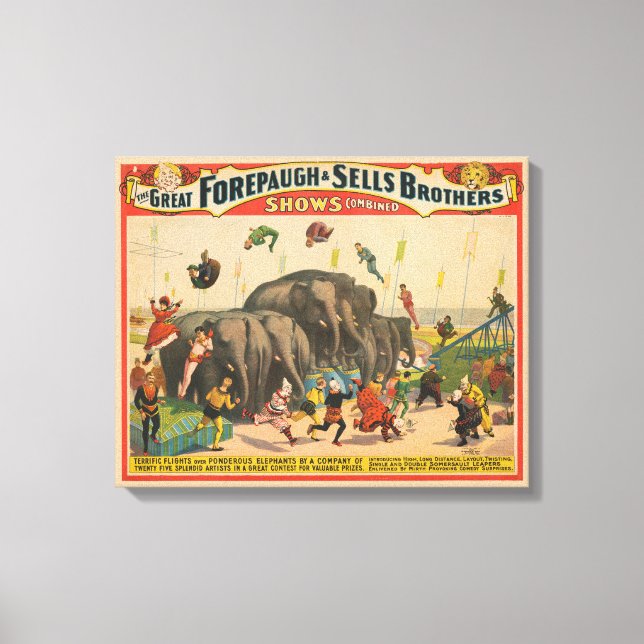 Circus Poster Of Acrobats Jumping Over Elephants Canvas Print (Front)