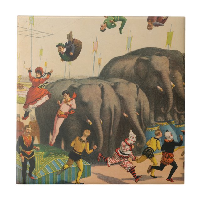 Circus Poster Of Acrobats Jumping Over Elephants Tile (Front)