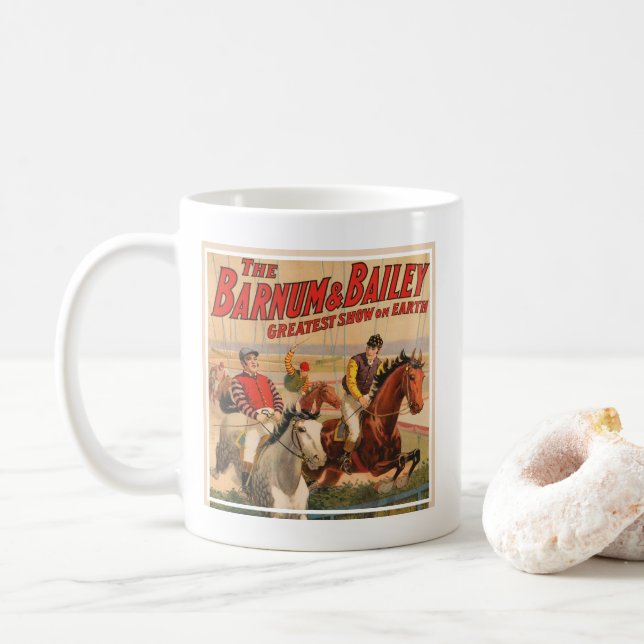 Circus Poster Of Jockeys On Horses Jumping A Hedge Coffee Mug (With Donut)