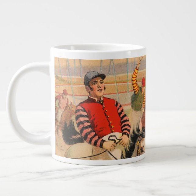 Circus Poster Of Jockeys On Horses Jumping A Hedge Large Coffee Mug (Left)
