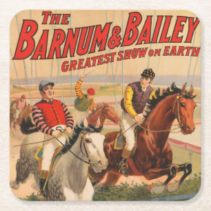 Circus Poster Of Jockeys On Horses Jumping A Hedge Square Paper Coaster