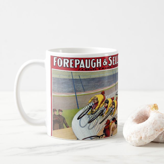 Circus Poster Of The Seven Gaynells Riding Bikes Coffee Mug (With Donut)