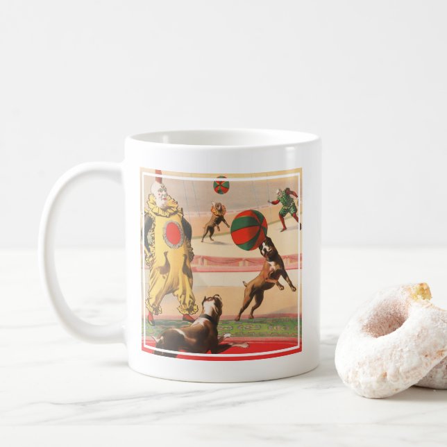 Circus Poster Showing Clowns With Performing Dogs Coffee Mug (With Donut)