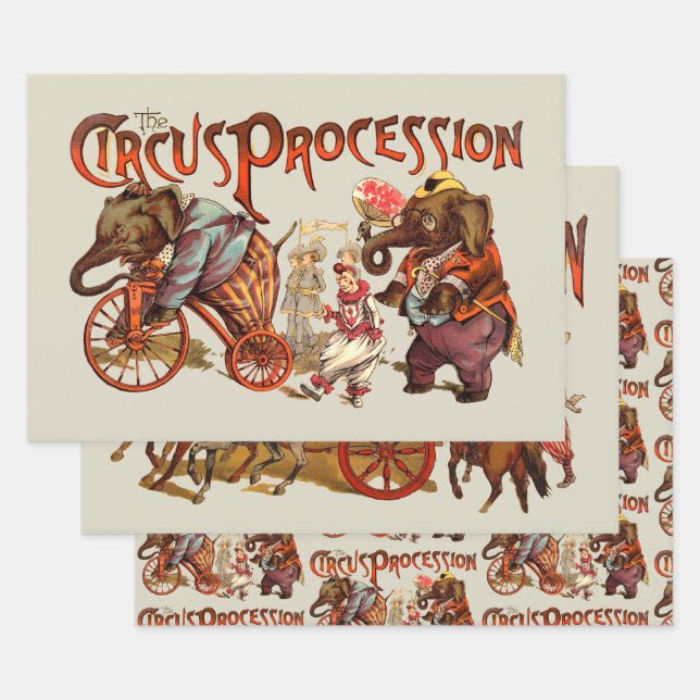 Circus Procession Elephant Antique Art Wrapping Paper Sheet (Set)