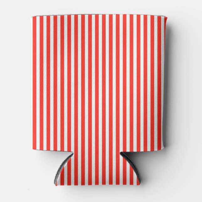 Circus Red and White Cabana Stripes Can Cooler (Front)