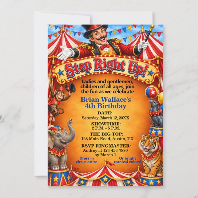 Circus Ringmaster Step Right Up Birthday Invitation (Front)