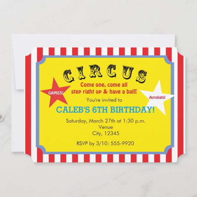 Circus Striped Birthday Party Ticket Invitation (Front)