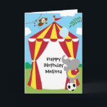 Circus Tent and Animals Birthday Card<br><div class="desc">An adorable birthday design featuring a circus tent with an elephant holding a balloon at the front of the tent and a monkey swinging from a vine. Perfect for celebrating a children's birthday for the circus lover.</div>