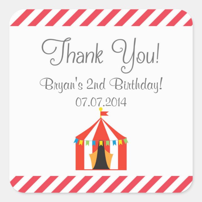 Circus Tent Birthday Thank You Stickers (Front)