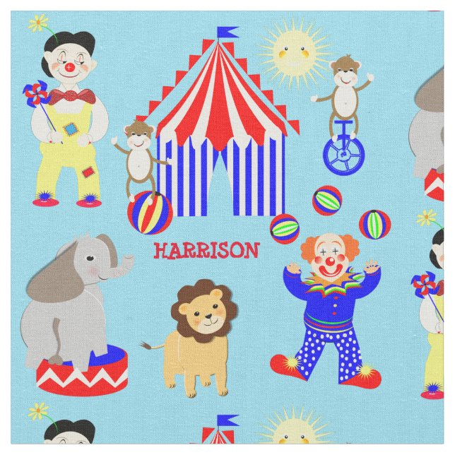 Circus Tent Cartoon Clowns & Animals Personalised Fabric (Close Up)