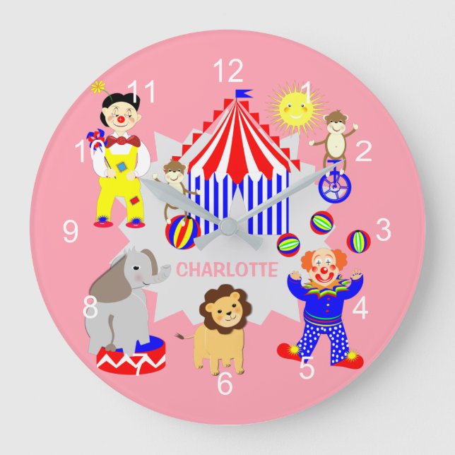 Circus Tent Cartoon Clowns & Animals Personalised Large Clock (Front)