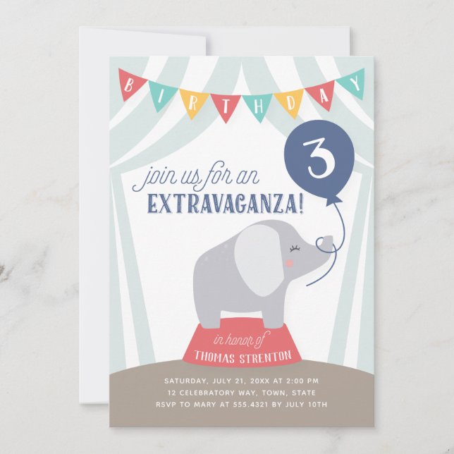 Circus Tent Elephant Birthday Extravaganza ANY AGE Announcement (Front)