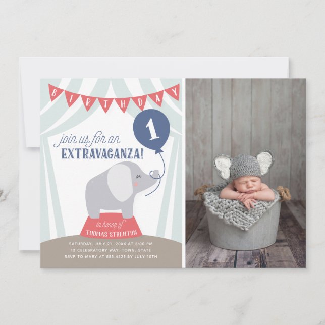 Circus Tent Elephant Birthday Extravaganza Photo Announcement (Front)