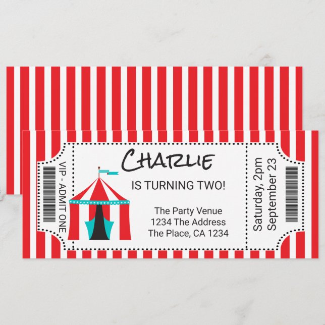 Circus Tent Novelty Ticket Personalised Invitation (Front/Back)