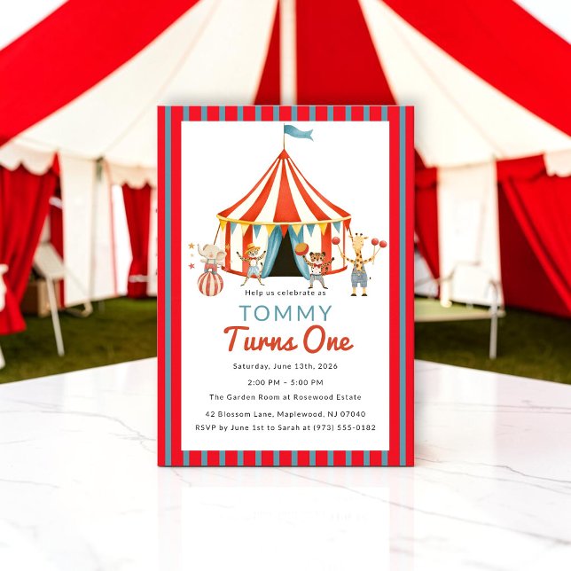 Circus Tent Red Blue Birthday Invite (Creator Uploaded)
