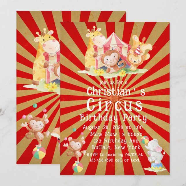 Circus Theme Birthday Party Invitation (Front/Back)