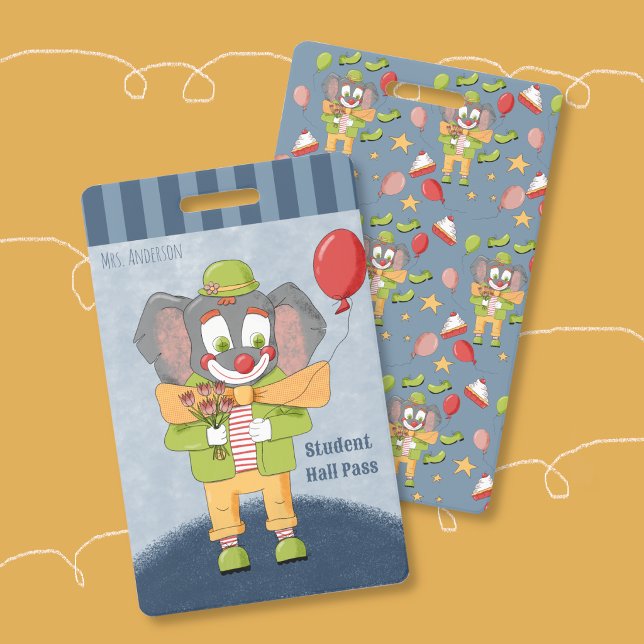 Circus Theme Clown Elephant Blue Hall Pass Badge ID Badge (Circus Theme Clown Elephant Student Hall Pass Badge .)
