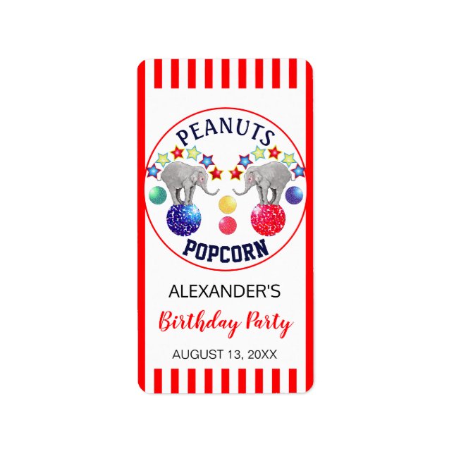 Circus Theme Elephant Birthday Party Favours Label (Front)