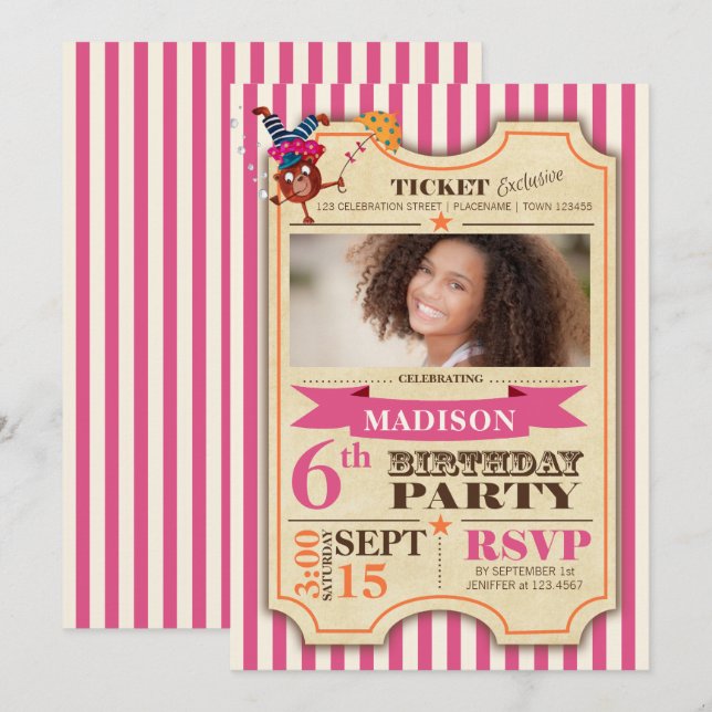 Circus Ticket | Birthday Girl | Party Invitation (Front/Back)