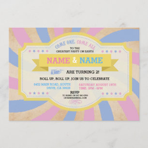 Circus Twins Birthday Pink & Blue Carnival Invite