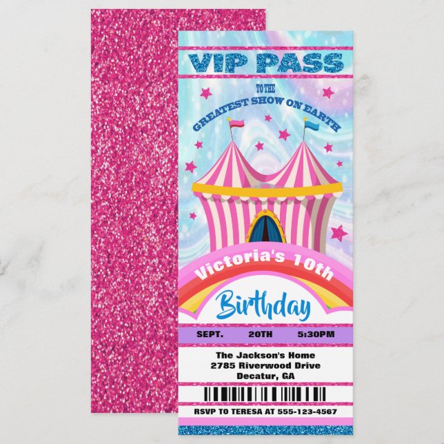 Circus VIP pass tickets Birthday Invitation (Front/Back)