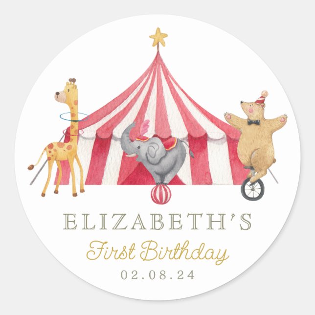 Circus Watercolor Birthday cute animals Classic Round Sticker (Front)