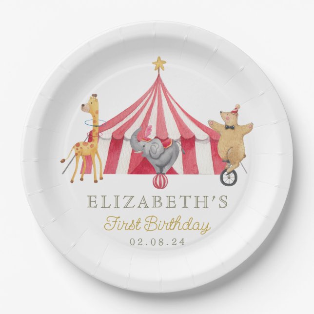 Circus Watercolor Birthday cute animals Paper Plate (Front)