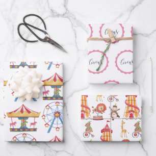 Circus Wrapping Paper Flat Sheet Set of 3
